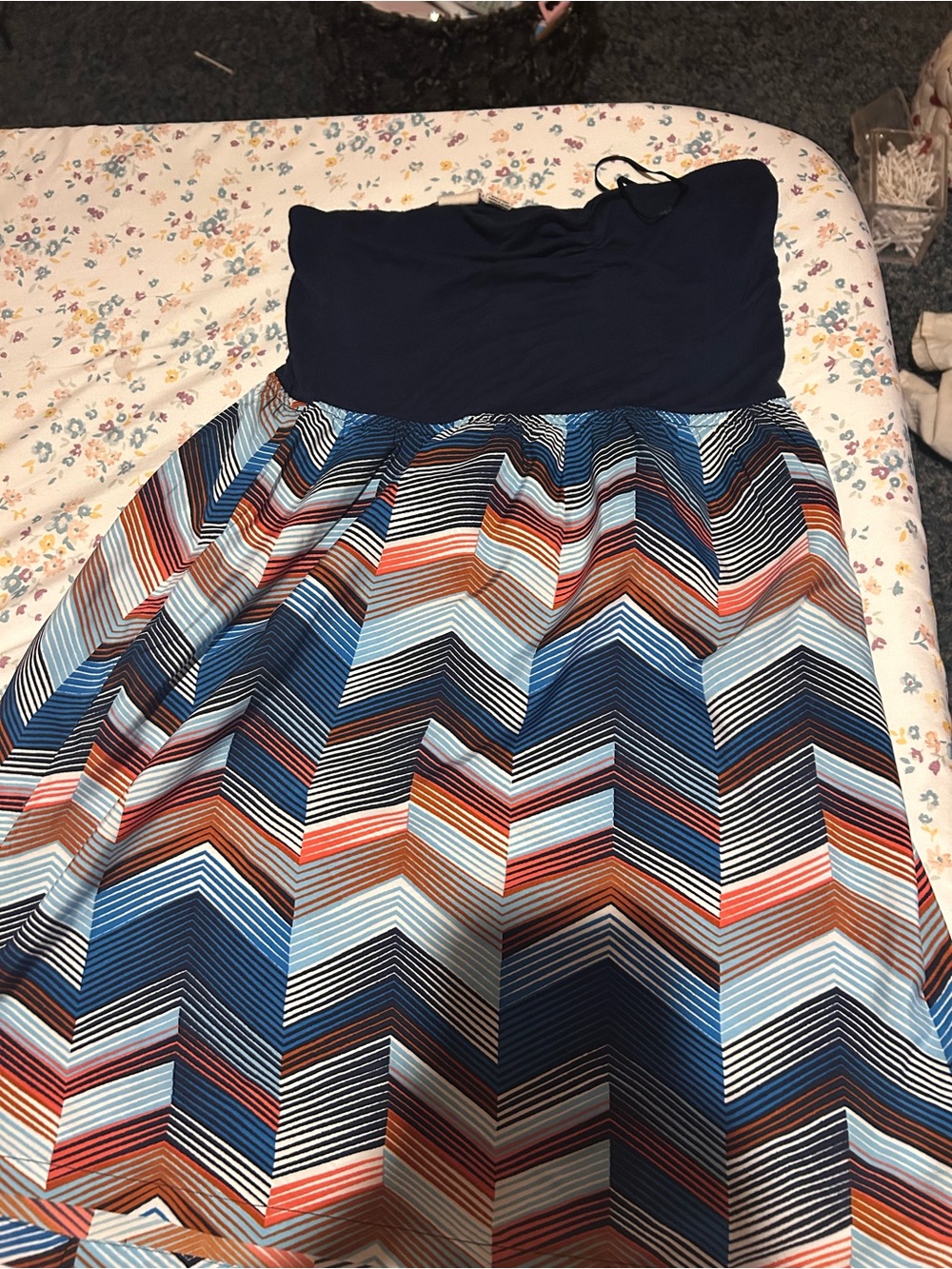Roxy Strapless Chevron Midi Dress in Navy, Blue, Coral and Brown